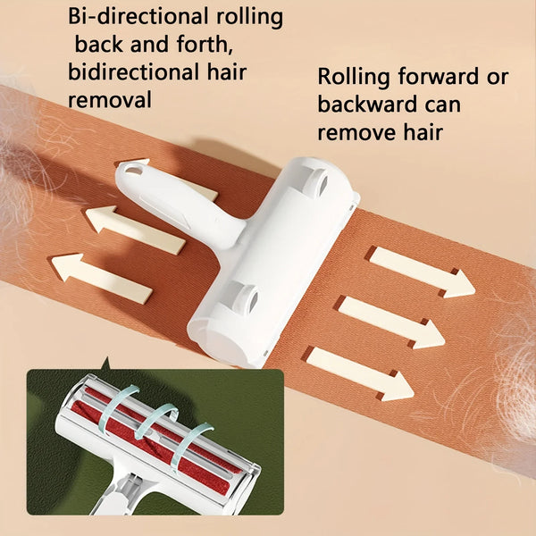 A white bi-directional rolling hair removal brush is shown with arrows indicating back and forth movement.