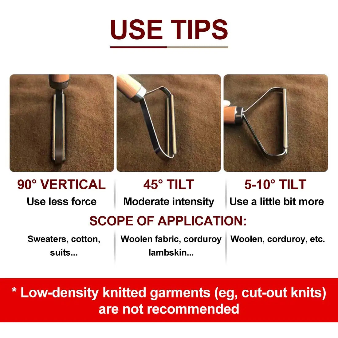 A set of manual lint remover brushes shown with usage tips for different fabric types.