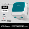 A white and teal Mini Silent air pump for fish tanks with accessories like an air disc and water hose.