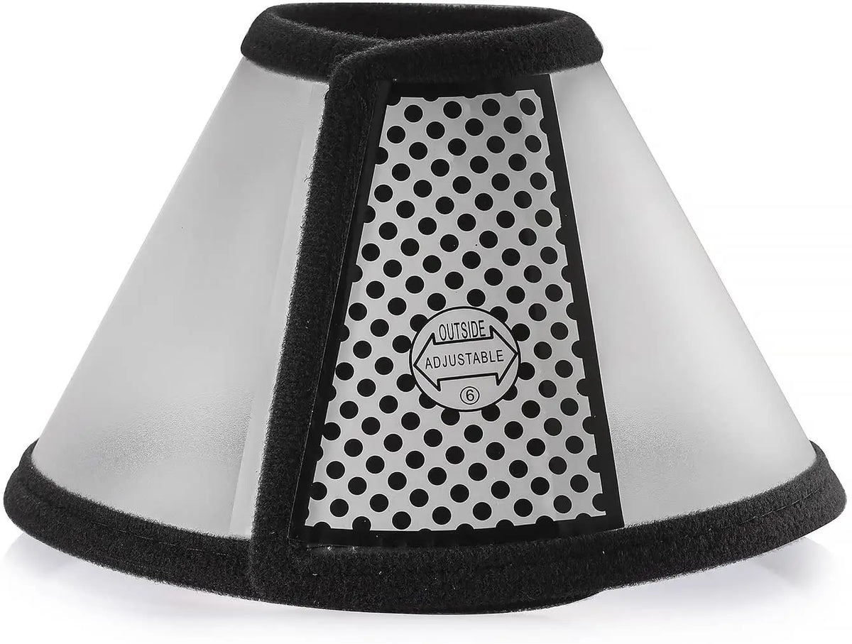 A clear PVC pet recovery collar for dogs and cats with a black adjustable band.