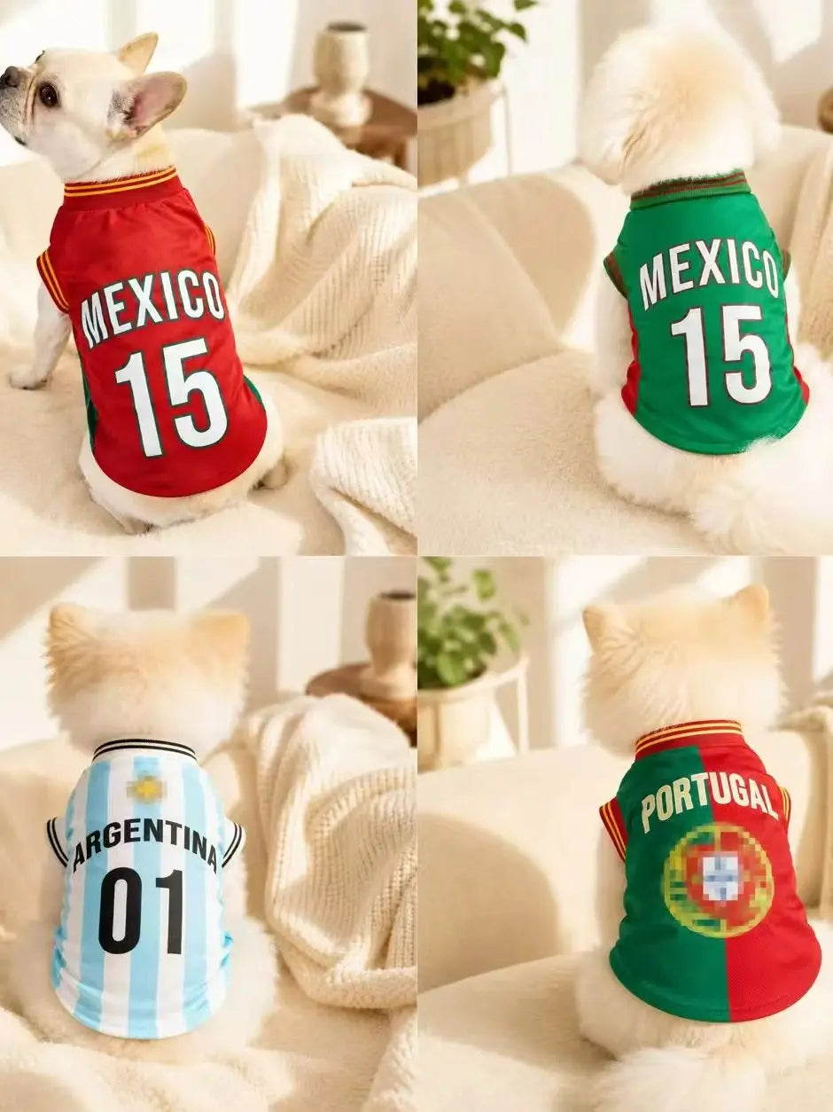 Four dog soccer jerseys in red, green, and blue featuring national team colors for summer play