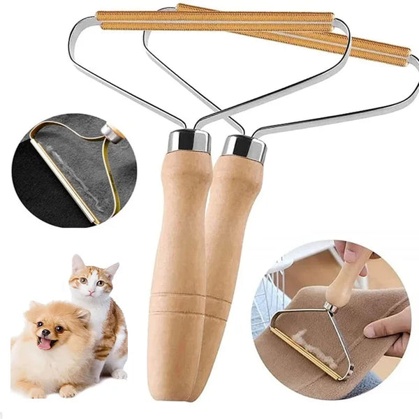 A manual lint remover tool with a metal frame and wooden handles is shown alongside clothing and fabric examples.