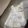 White elegant pet princess dress for dogs and cats with sheer fabric and pearl trim
