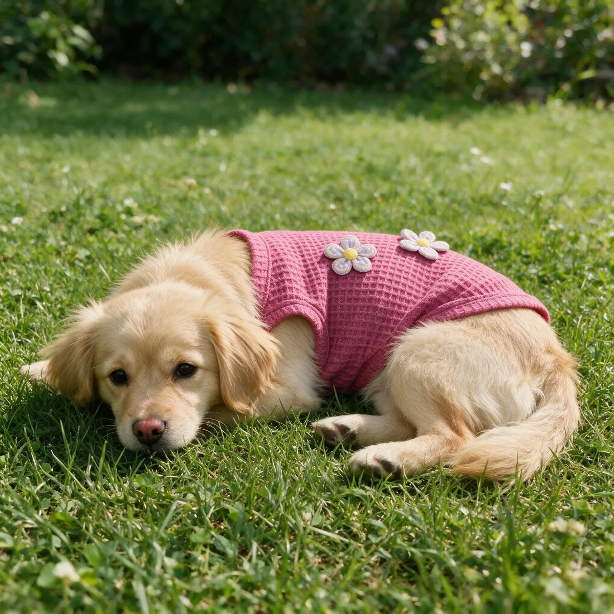 Ein goldener Hund liegt auf grünem Gras und trägt eine rosa Strickweste mit Blumenstickerei.