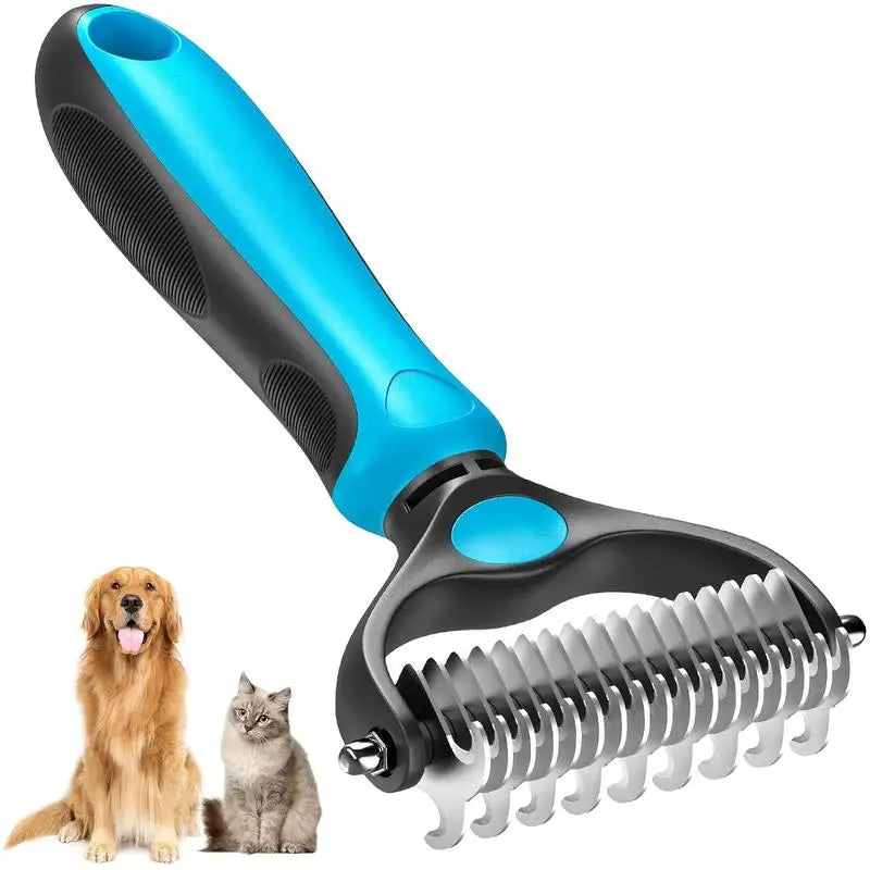 A black and blue pet deshedding brush with a stainless steel comb shown next to a golden retriever.