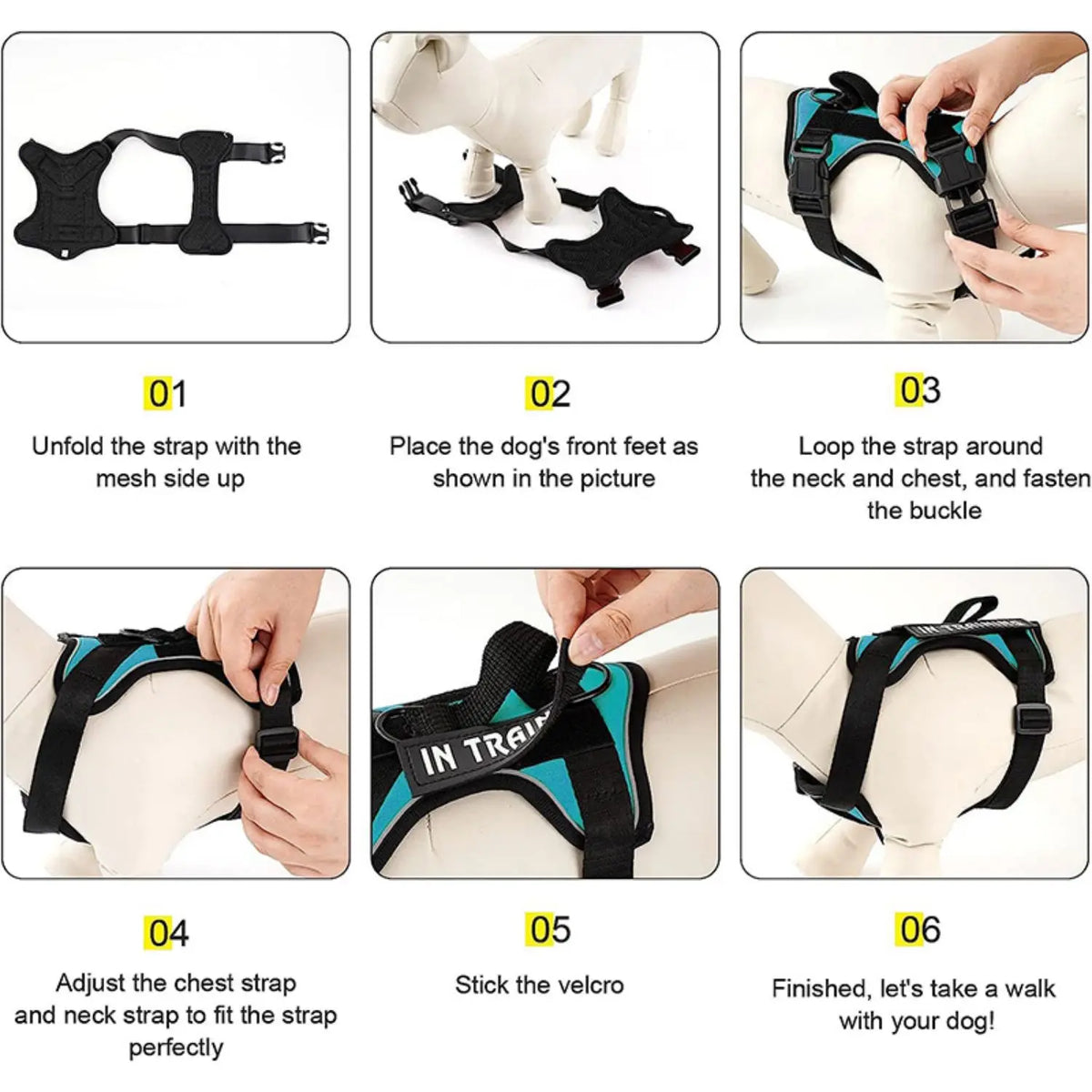 Step-by-step instructions showing how to put on and adjust a reflective service dog harness for a dog.
