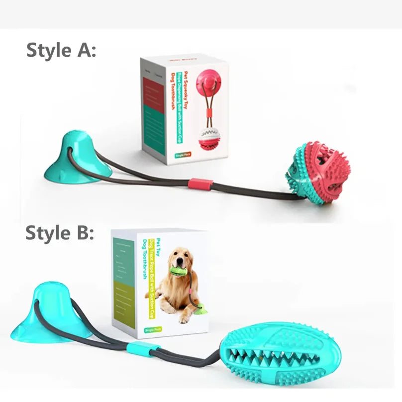 Two styles of interactive suction cup tug dog balls are shown, including a box and the corresponding toy.