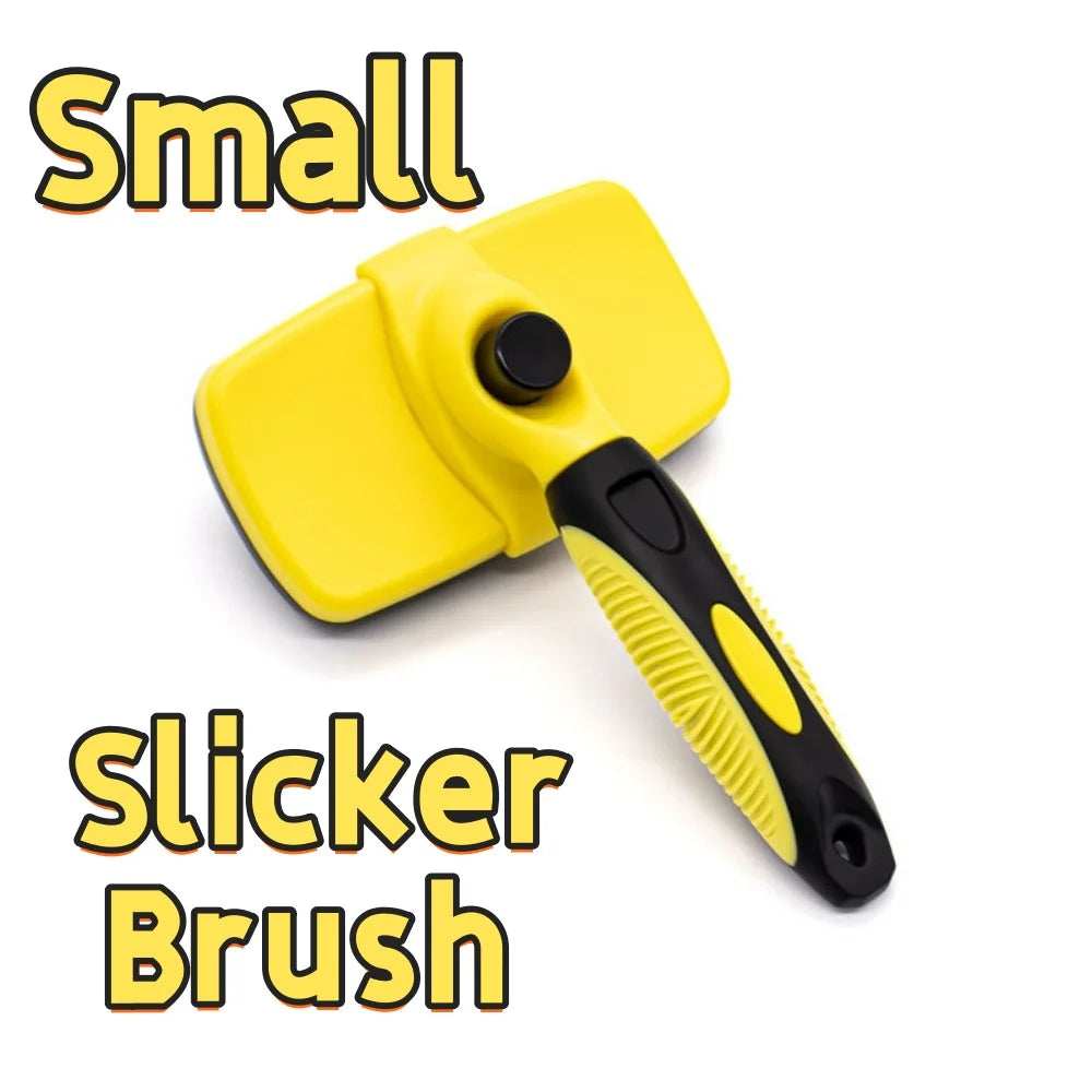 A yellow small slicker brush or grooming tool with a black handle is shown against a white background.