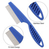 Set de peine para mascotas de acero inoxidable azul, con primeros planos del peine y el mango.