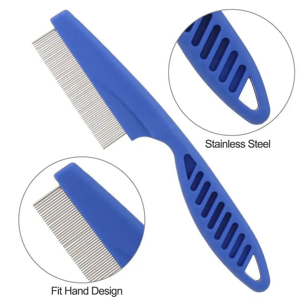 Set de peine para mascotas de acero inoxidable azul, con primeros planos del peine y el mango.