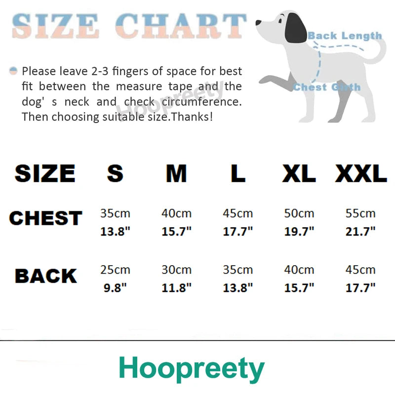 Tabla de tallas para disfraz de traje completo para perro, mostrando medidas de pecho y espalda en varias tallas.