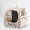 Beige tragbarer Katzentransport-Rucksack mit Fenster und Maschendetail, seitliche Ansicht.