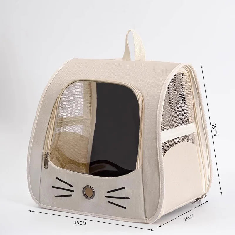 Beige tragbarer Katzentransport-Rucksack mit Fenster und Maschendetail, seitliche Ansicht.