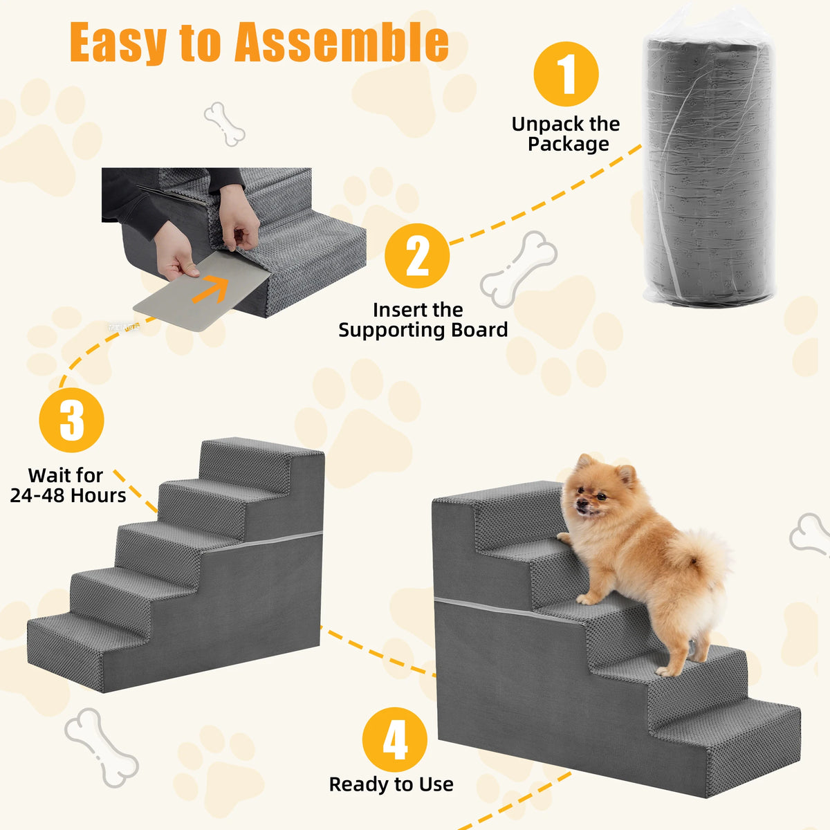 Instructions show how to assemble and use adjustable pet climbing stairs ramp for dogs