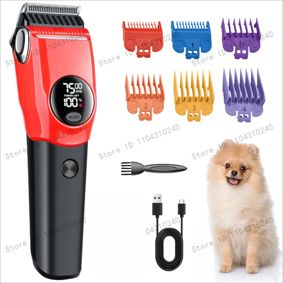 A red professional pet hair clipper with various attachments and a fluffy dog.