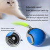 A blue electric cat ball toy with a yellow tip is shown next to a kitten, demonstrating adjustable speed features.