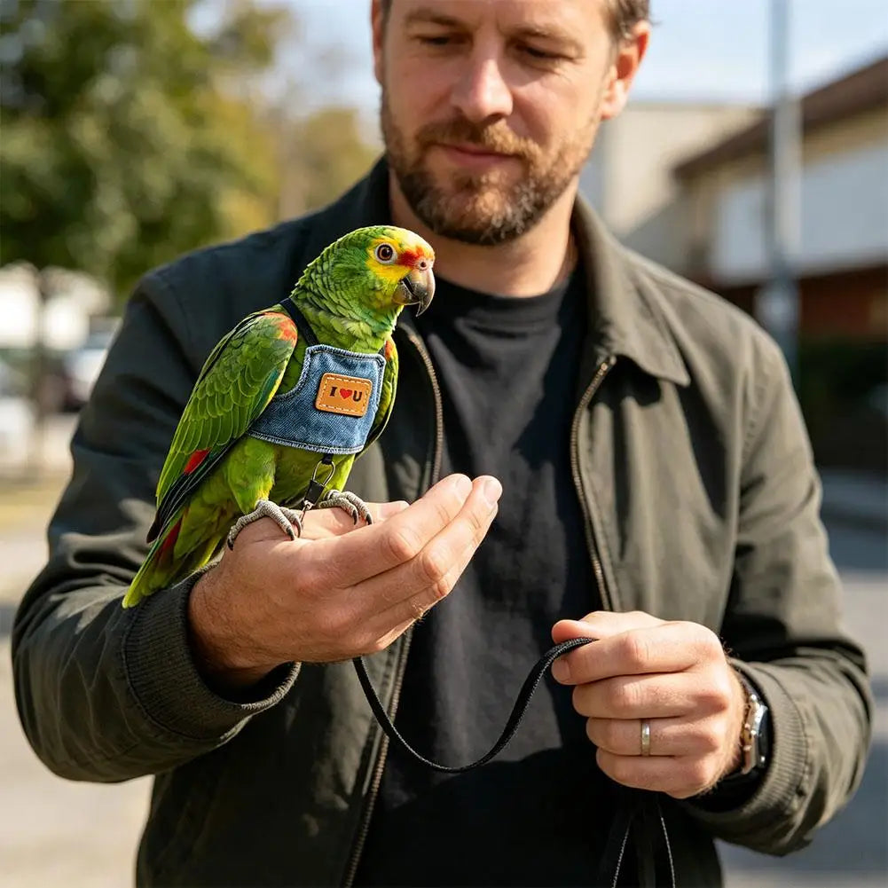 A man holds a green parrot in an adjustable denim bird harness and flight leash set.