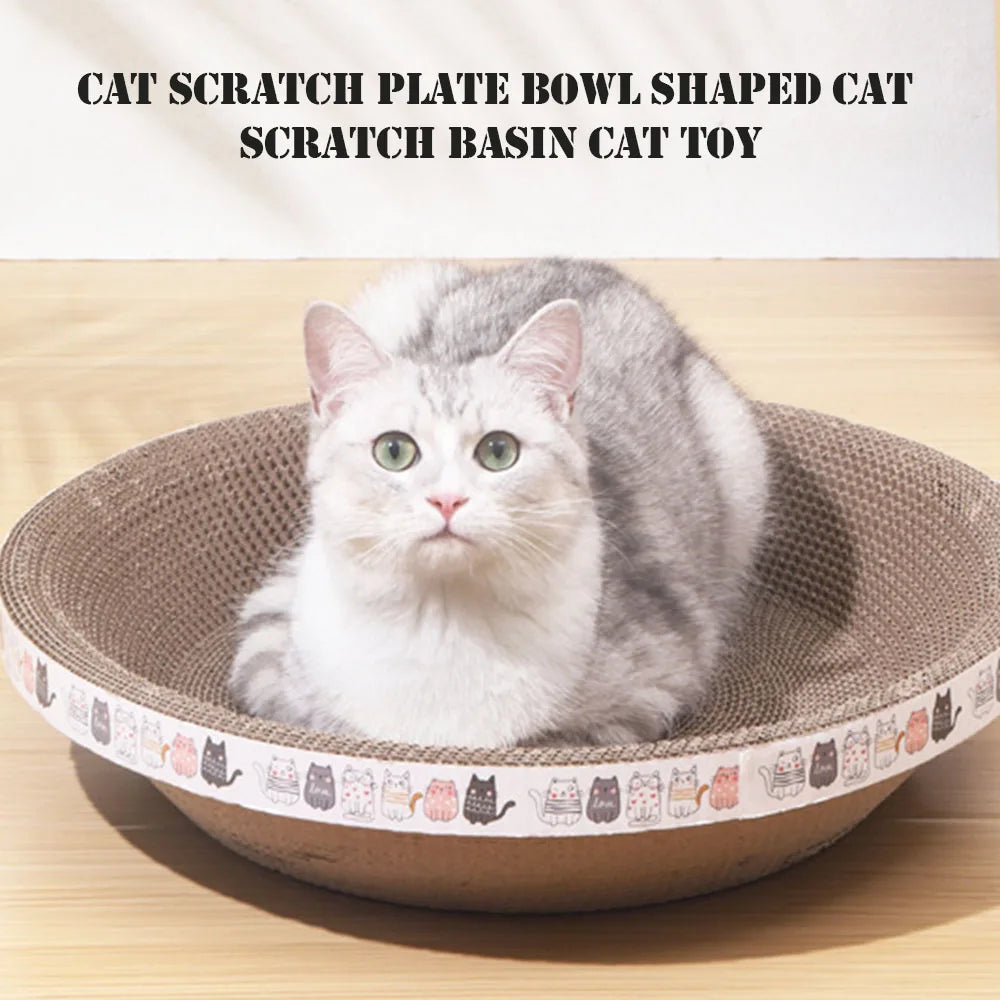 A fluffy gray and white cat is sitting inside a round, bowl-shaped corrugated scratching pad toy.