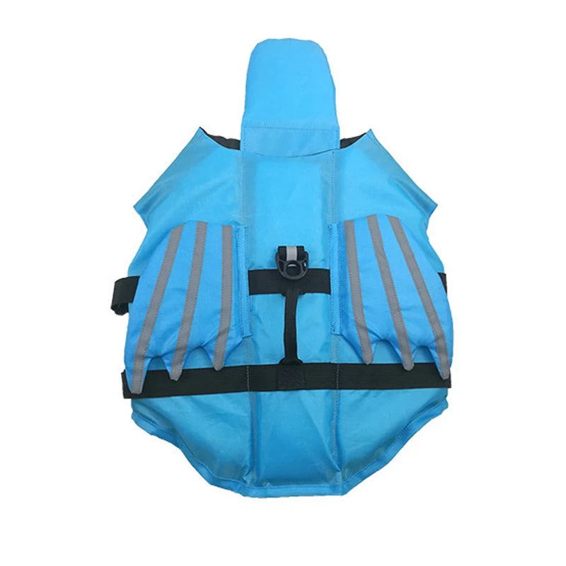 Light blue adjustable dog life jacket with rescue handle and reflective stripes