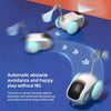 A white robotic toy car is shown navigating a blue surface, demonstrating automatic obstacle avoidance.