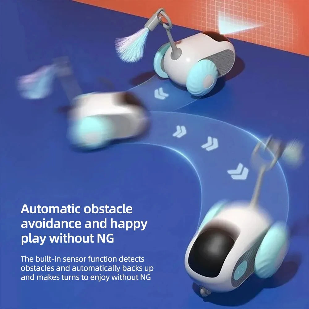 A white robotic toy car is shown navigating a blue surface, demonstrating automatic obstacle avoidance.
