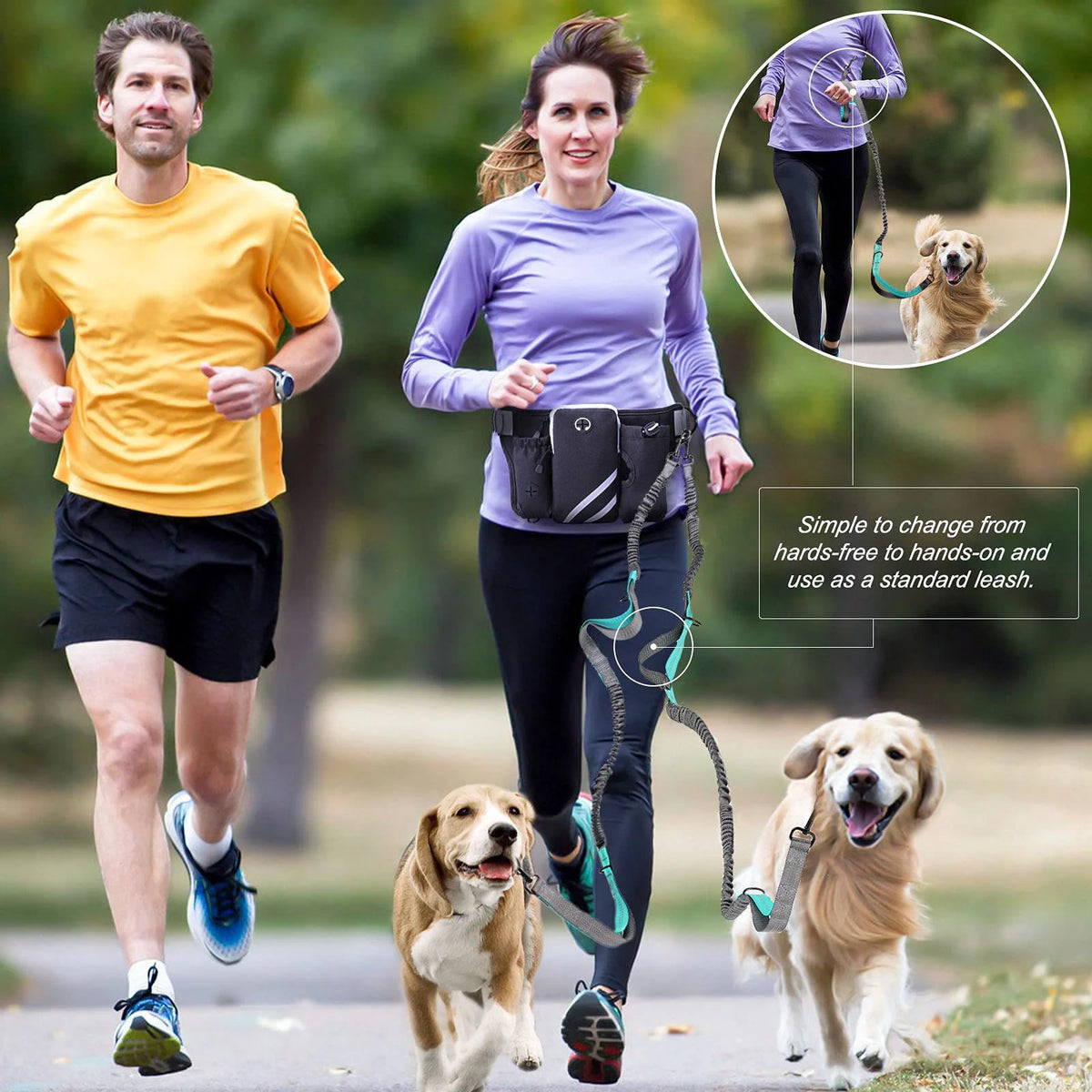 A woman is shown using a hands-free reflective dog leash with a storage bag while walking a dog.