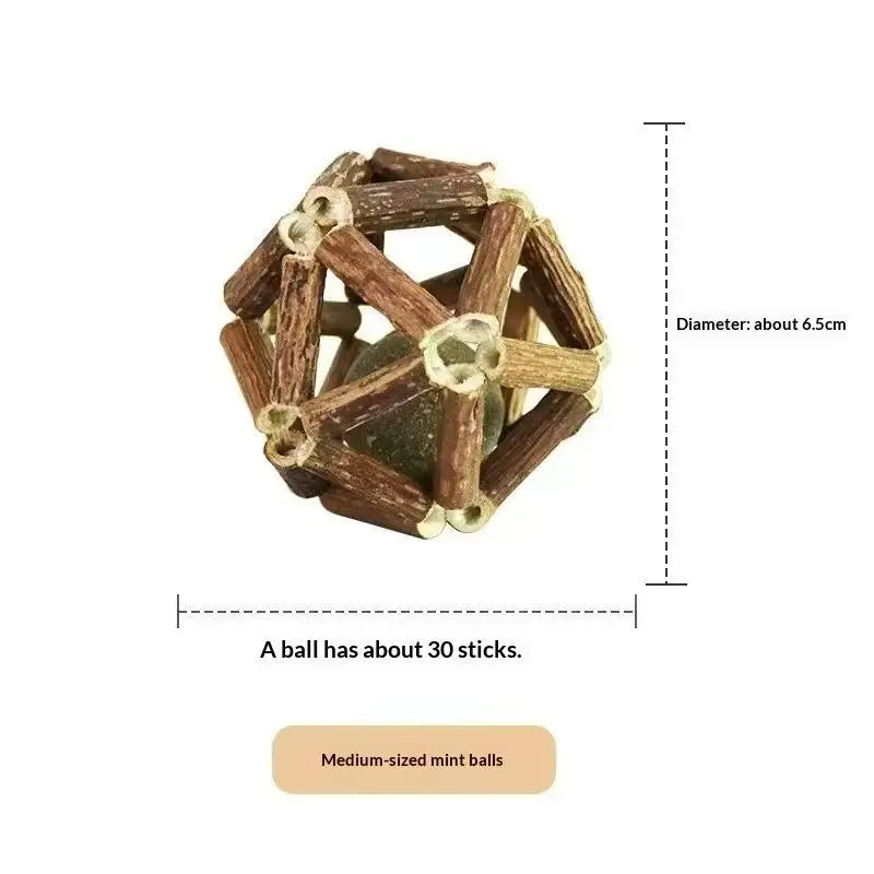 A ball made of about 30 natural wooden teething sticks for cats.
