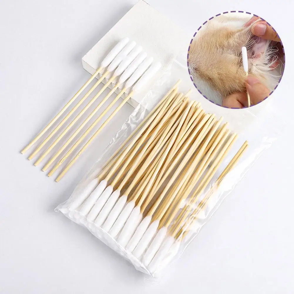 Durchsichtiger Plastiksack mit wiederverwendbaren Holz- und Baumwoll-Tampons zum Reinigen von Tierohren, Nahaufnahme einer Pf