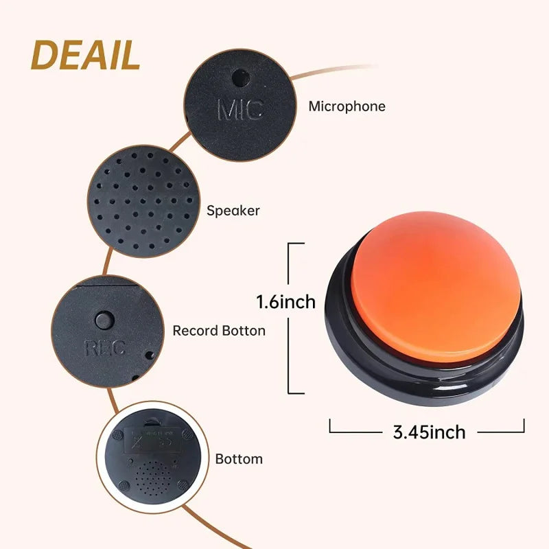 A set of black pet communication recording buttons including a microphone, speaker, record button, and bottom component.