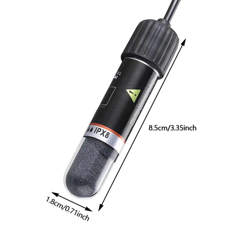 A black USB mini aquarium heater with an IPX8 rating and a 1.8cm length is shown.