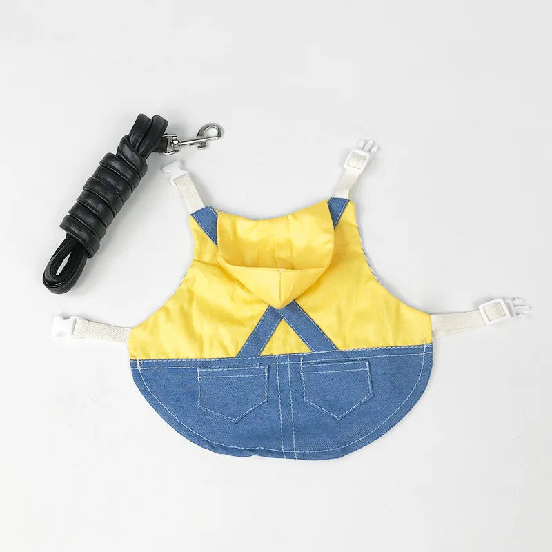 Denim-Kaninchen-Verkleidung für kleine Haustiere mit gelb-blauer Stoff und Kapuze