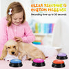 A dog lies next to a pink-haired girl who is recording a custom message using a clear recording button.
