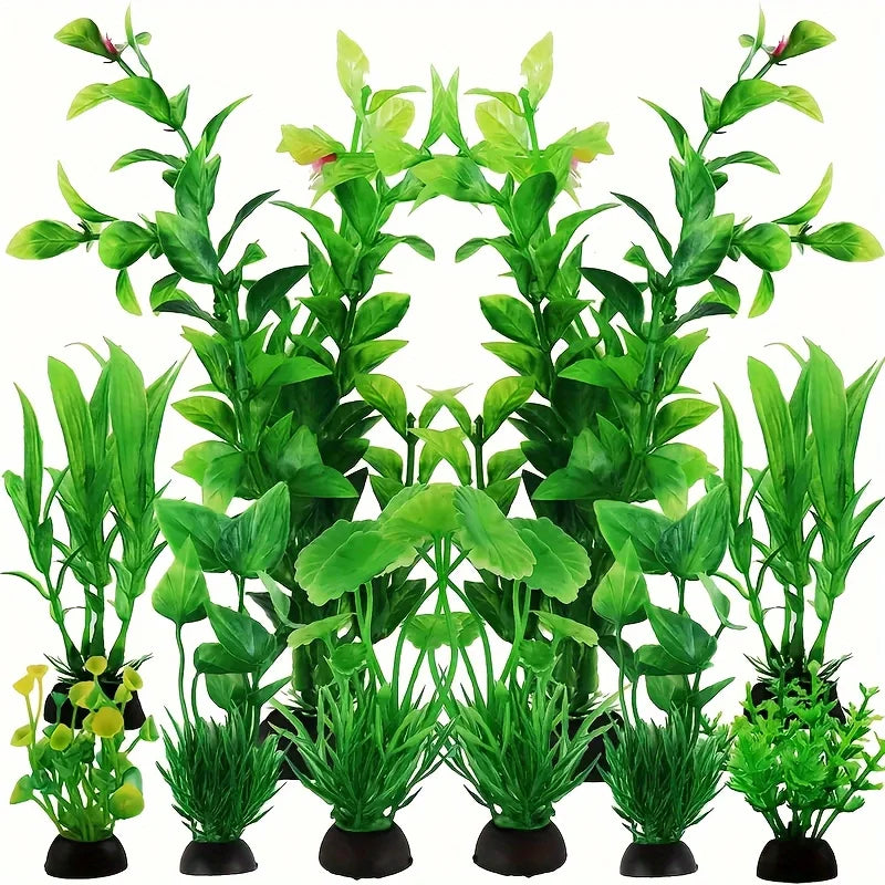 A set of ten vibrant green artificial water grass plants for fish tanks