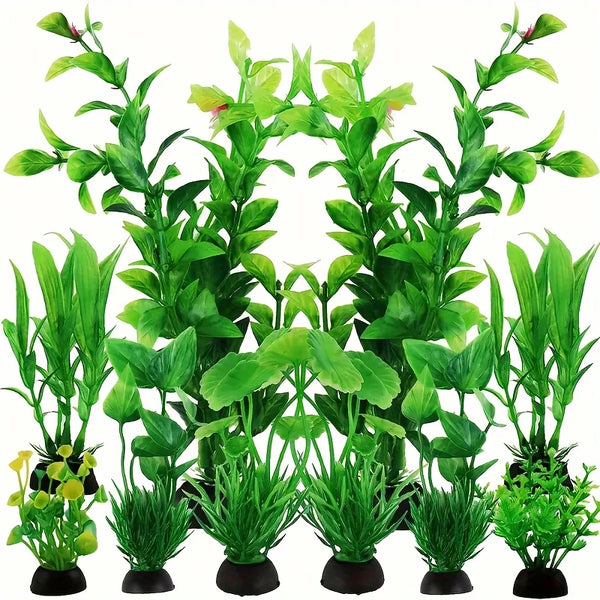 A set of ten vibrant green artificial water grass plants for fish tanks