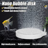 A white nano bubble disk diffuser is shown with small bubbles dispersing into water, next to a fish.