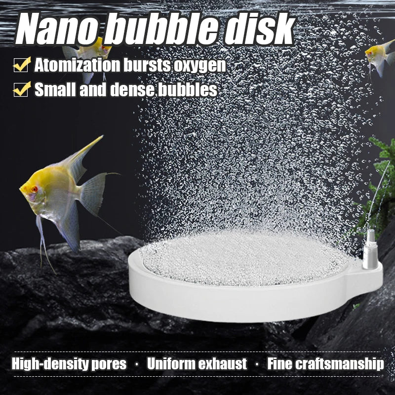 A white nano bubble disk diffuser is shown with small bubbles dispersing into water, next to a fish.
