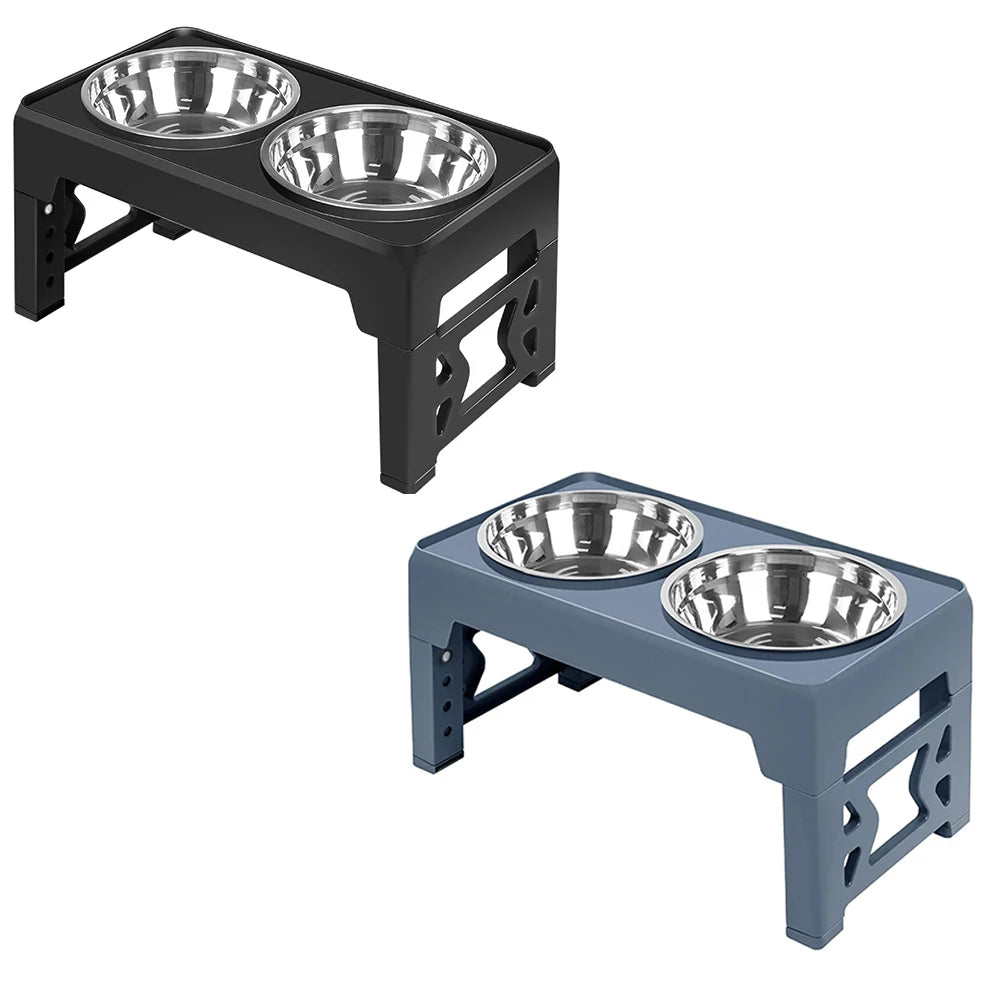 A black adjustable raised dog feeder with two stainless steel bowls.