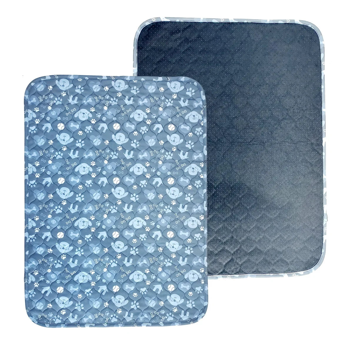 A pair of light blue patterned reusable absorbent dog pee pads, one square and one rectangular.