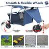 A blue and gray 3-wheel foldable pet stroller with safety brakes, showing wheels on a lawn, speed bump, gravel road, and grou