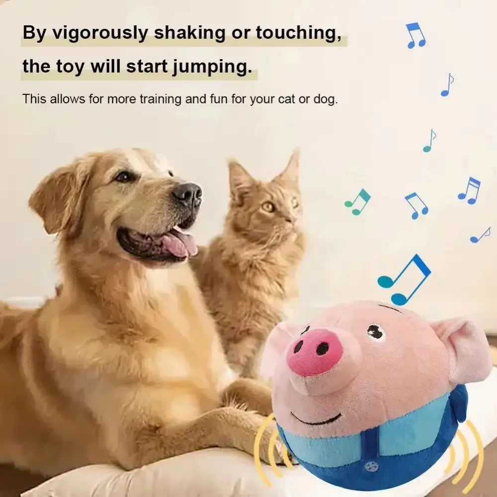 A golden retriever and a tabby cat are interacting with an interactive pet shake and jump ball toy.