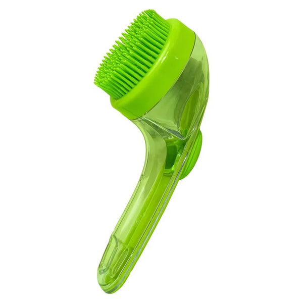 A bright lime green pet bath scrub brush with a flexible handle and bristled head for grooming pets.