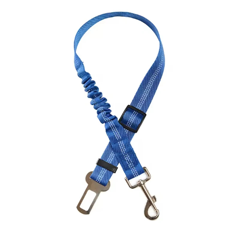 Arnés de seguridad azul y duradero para coche de perro con correa amortiguadora y hebilla metálica.