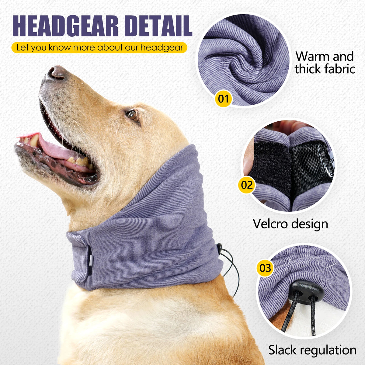 Ein golden Retriever trägt einen lila Stoff-Hoodie und Ohrenschützer zur Beruhigung und zum Schutz.