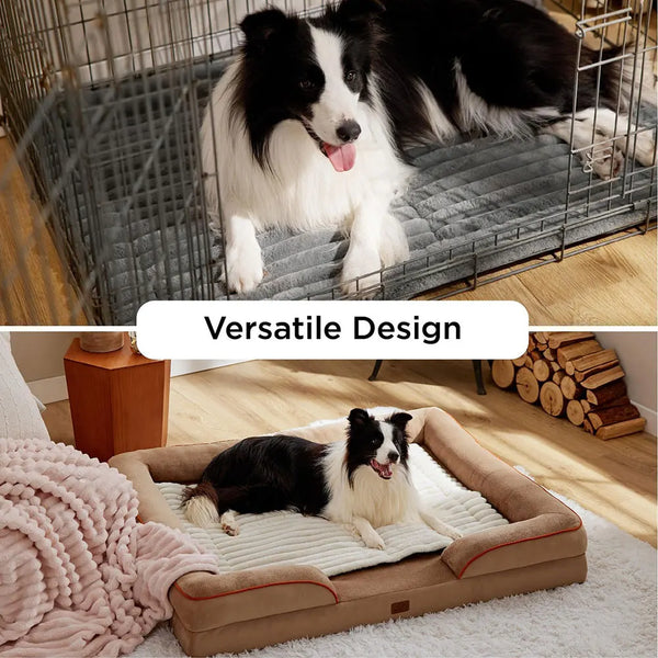 A black and white dog is relaxing on a versatile pet mat, shown in two contexts: inside a wire crate and outdoors on a soft s