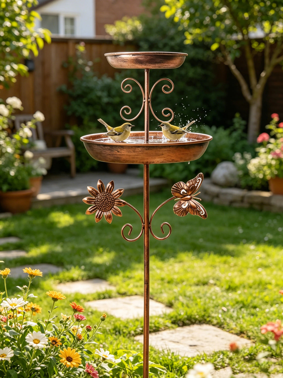 Bañera de pájaros de bronce vintage sobre un soporte con almohadillas decorativas en un jardín soleado.