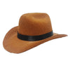 A brown felt cowboy hat with a black band, shown from above.