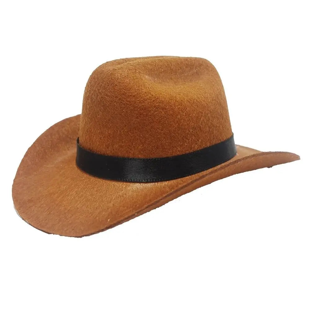 A brown felt cowboy hat with a black band, shown from above.
