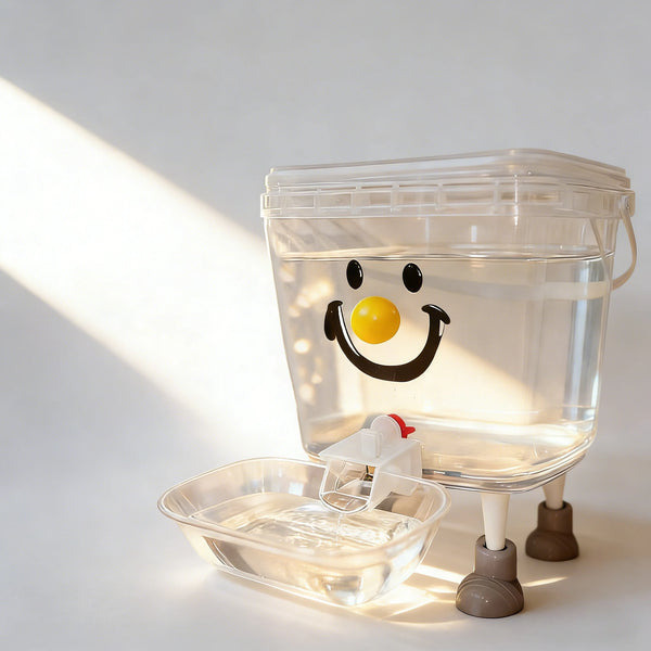 A clear automatic pet water dispenser with a smiling face is shown on a white surface.