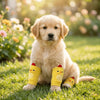 A golden retriever puppy wearing yellow breathable knee pads outdoors on green grass.