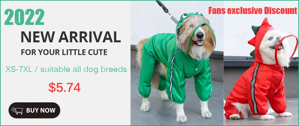 A dog wearing a green harness and waste bag dispenser is shown next to a red dog wearing an orange harness.
